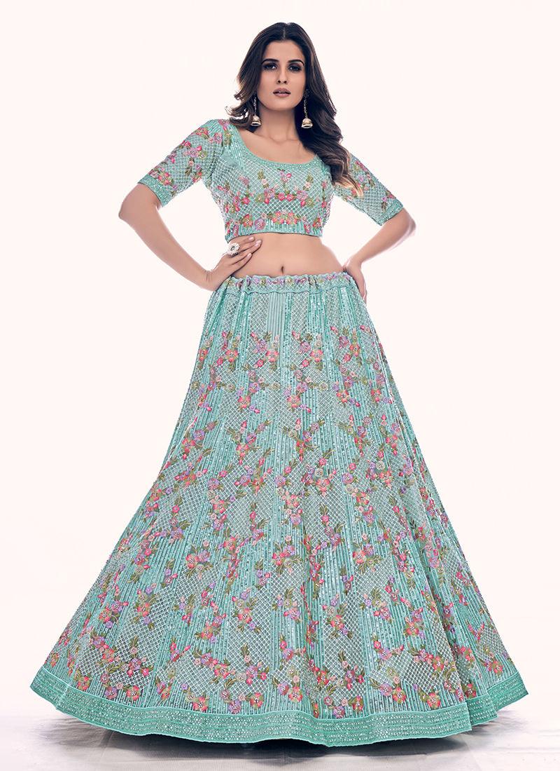 Heavy Embroidered Firozi Wedding Lehenga Cheap With Mastercard