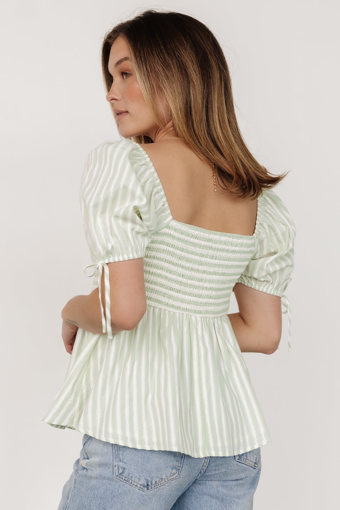 Betsy Peplum Top | Green+ White Stripe Cheap Sale How Much