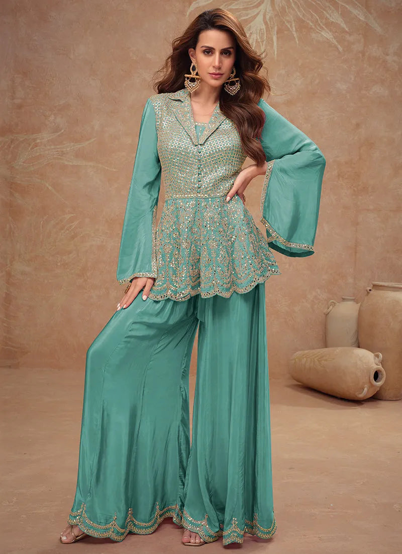 Designer and Exquisite Embroidered Peplum Style Palazzo Suit 2025 Online