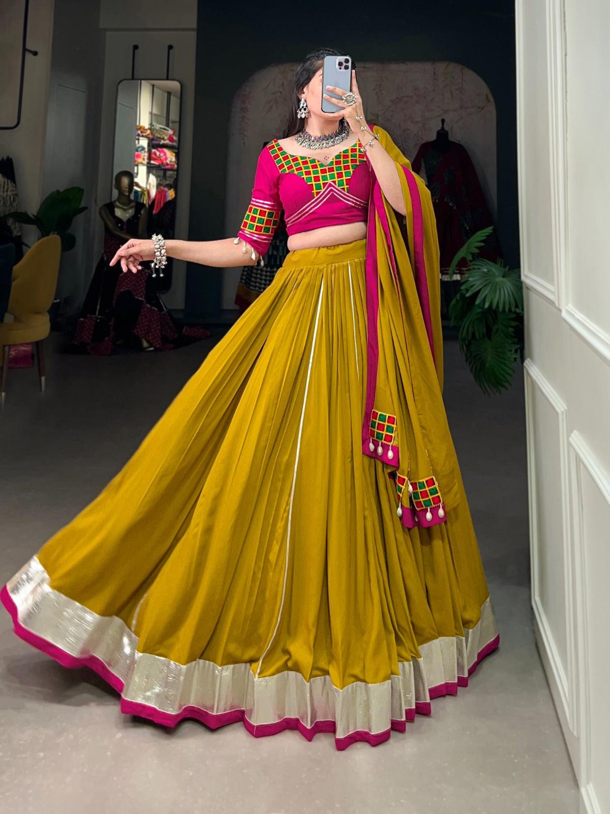 Mustard Pure Rayon Gota Patti Border Worked Navratri Lehenga Set Clearance Cheap Real