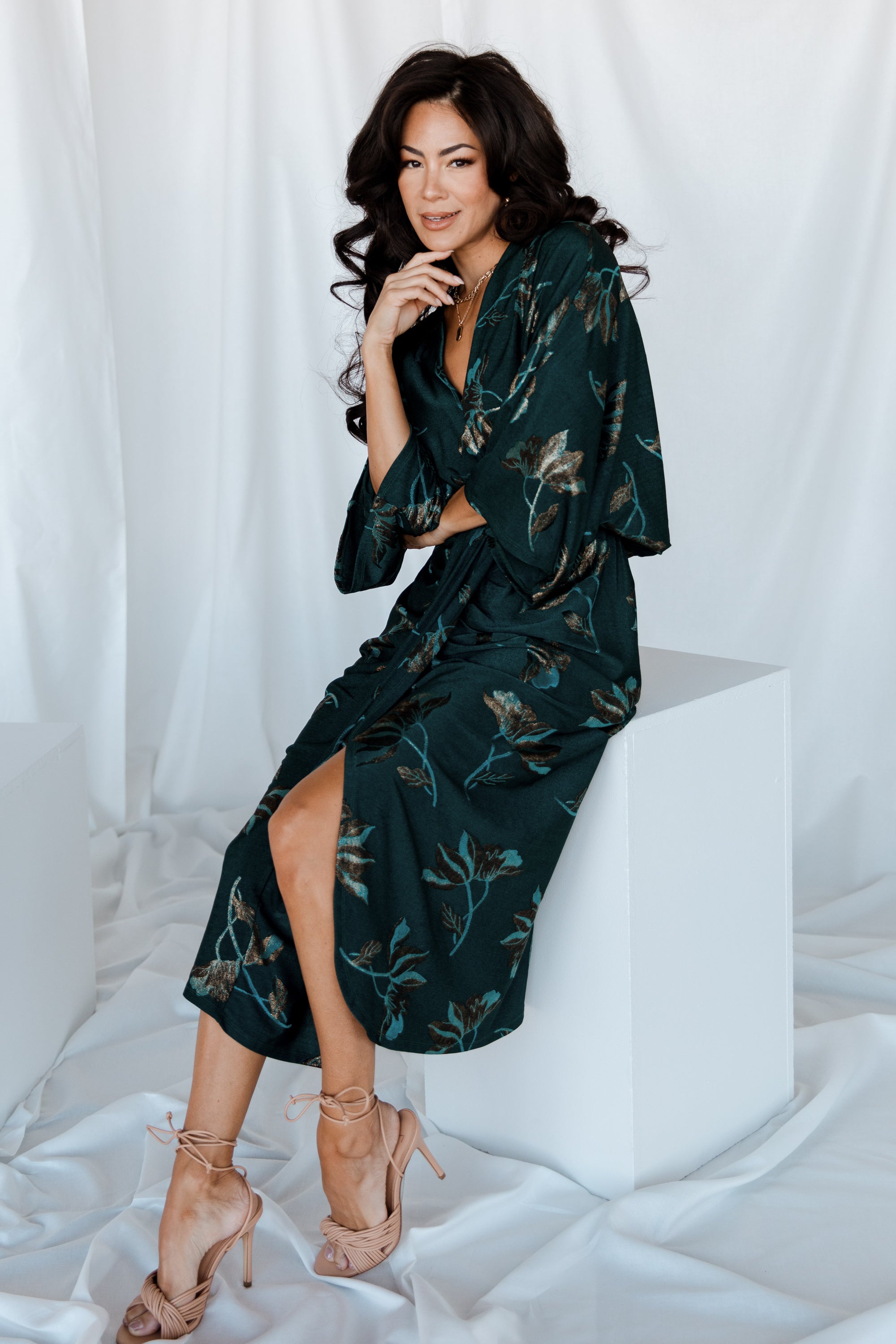 Shaneen Ruched Midi Dress | Jade Floral Shimmer Outlet Cheap