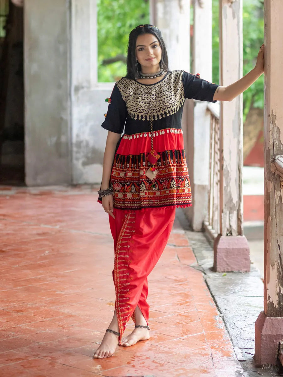 Black and Red Embroidered  Kedia Set for Navratri Buy Cheap Nicekicks