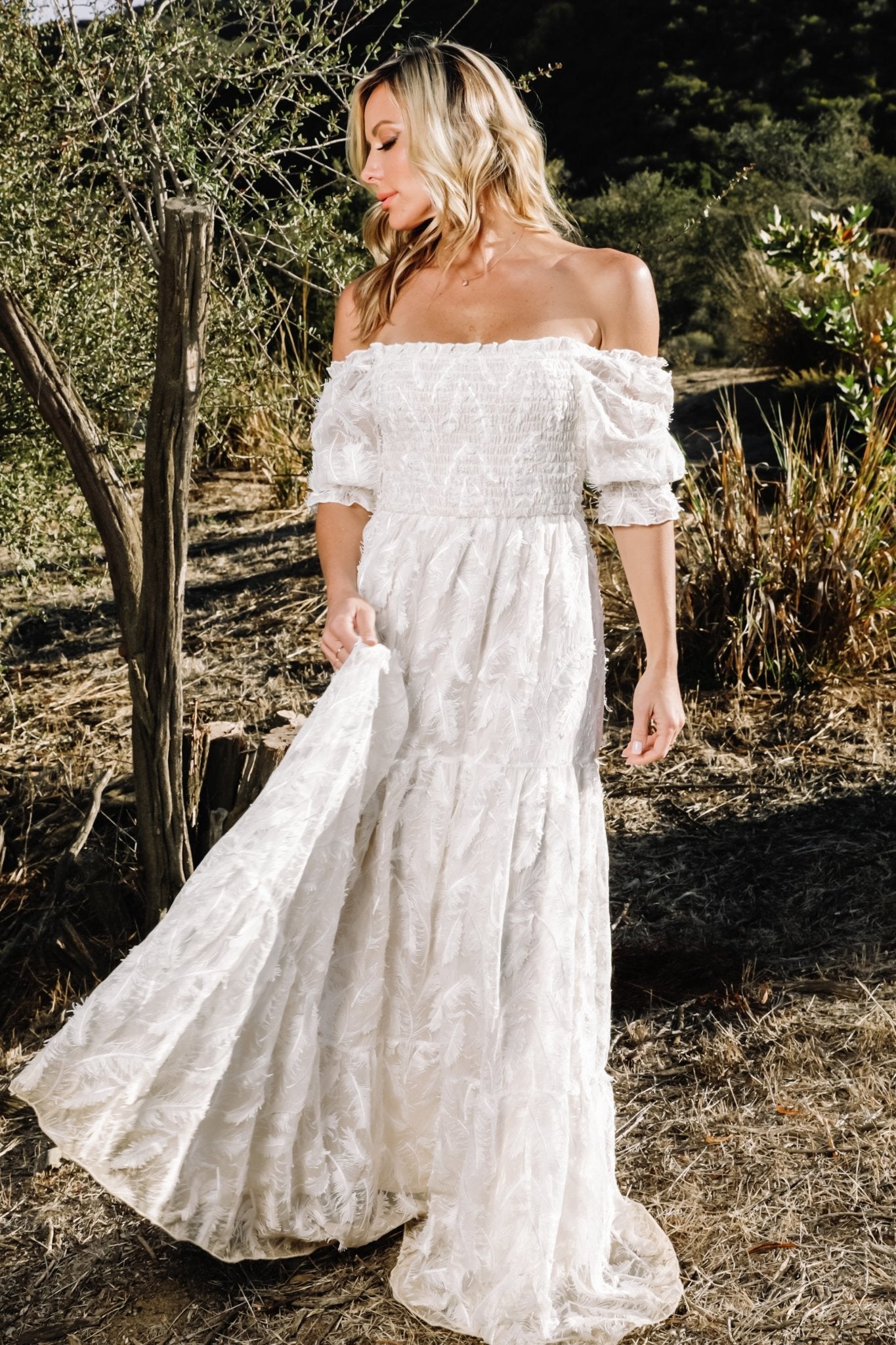 Paloma Smocked Feather Maxi Dress | Off White Inexpensive