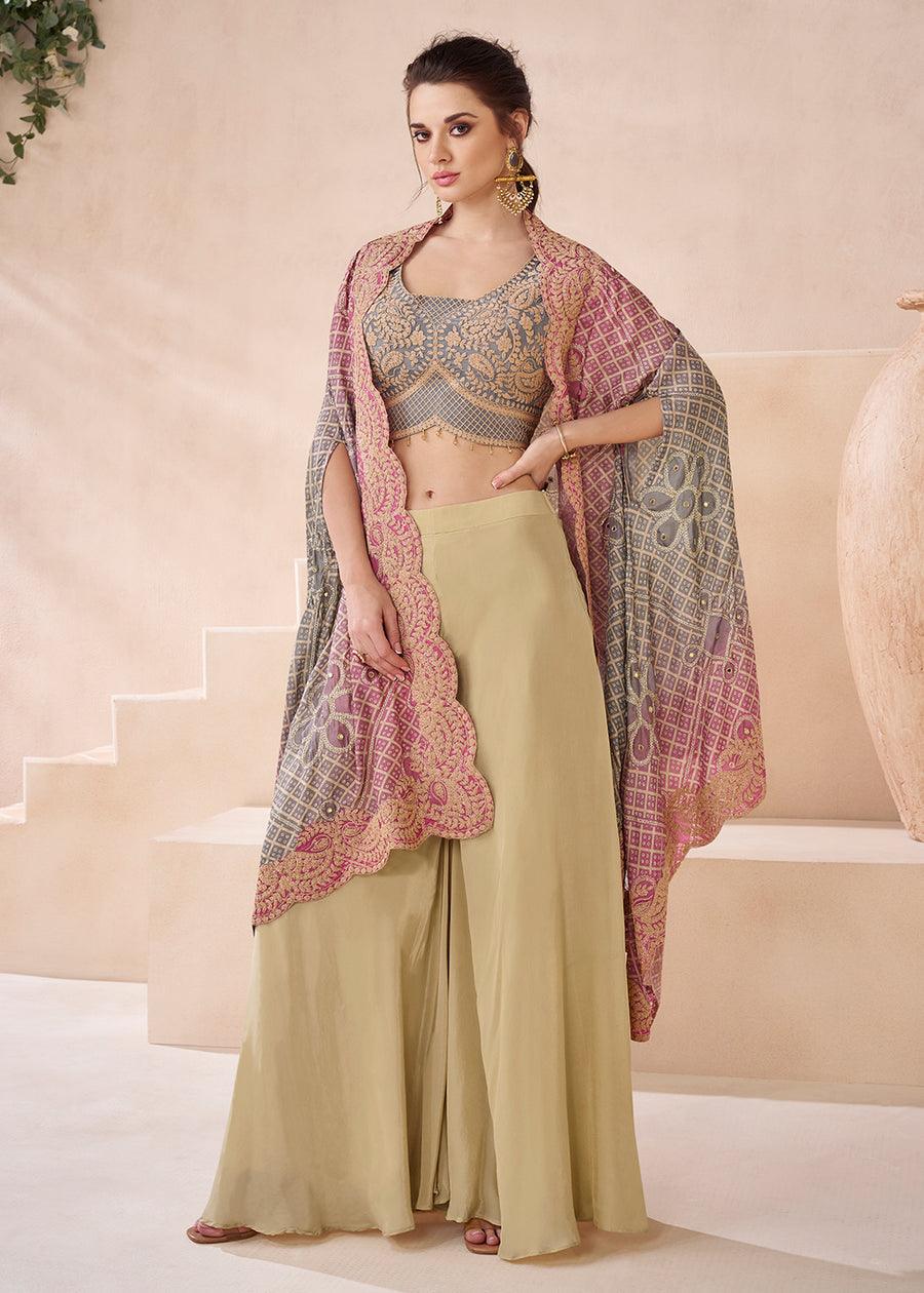 Beige Gray Georgette Zari Thread Sequins Worked Top Palazzo Shrug Suit Clearance Nicekicks