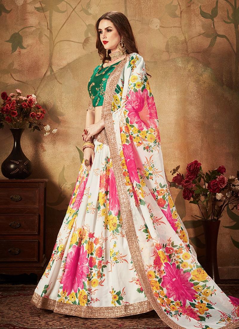 White Color Organza Fabric Floral Print Lehenga Best Place