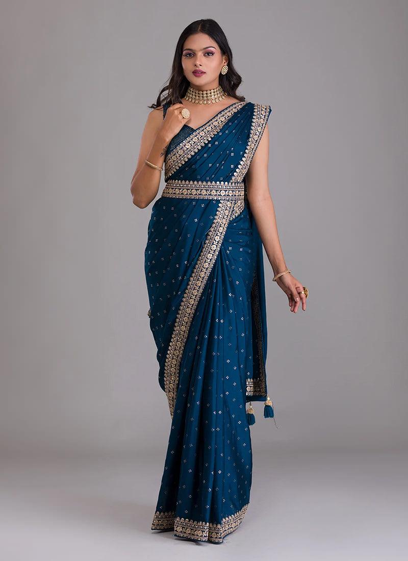 Heavy Sequins Blouse With Navy Blue Saree Official Sale Online