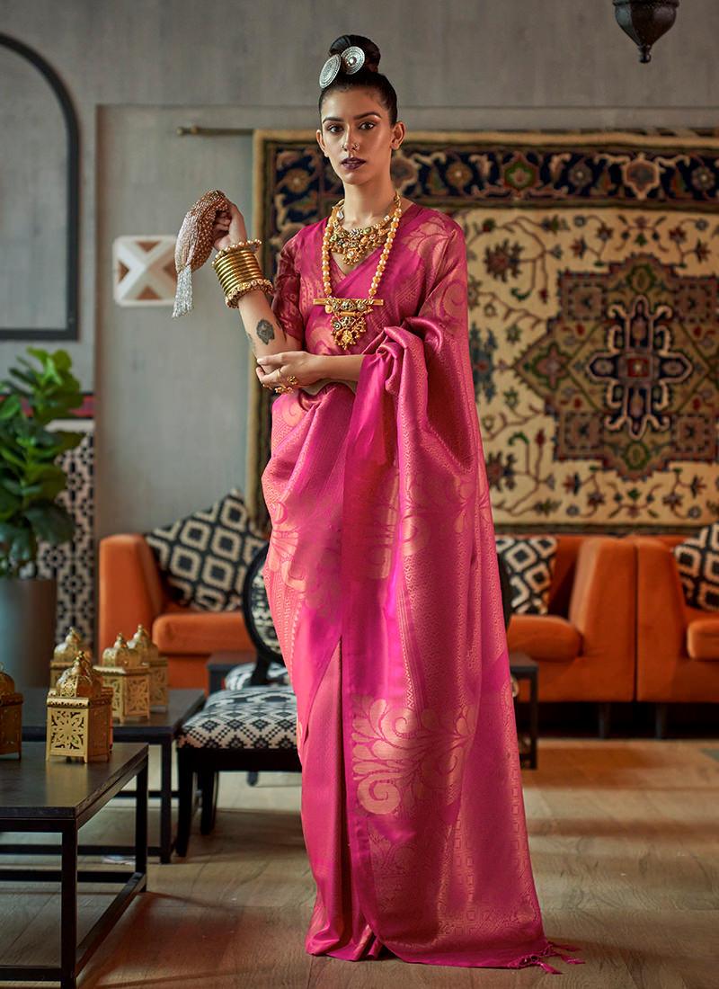 Handloom Weaving Silk Base Rani Pink Saree Clearance Online