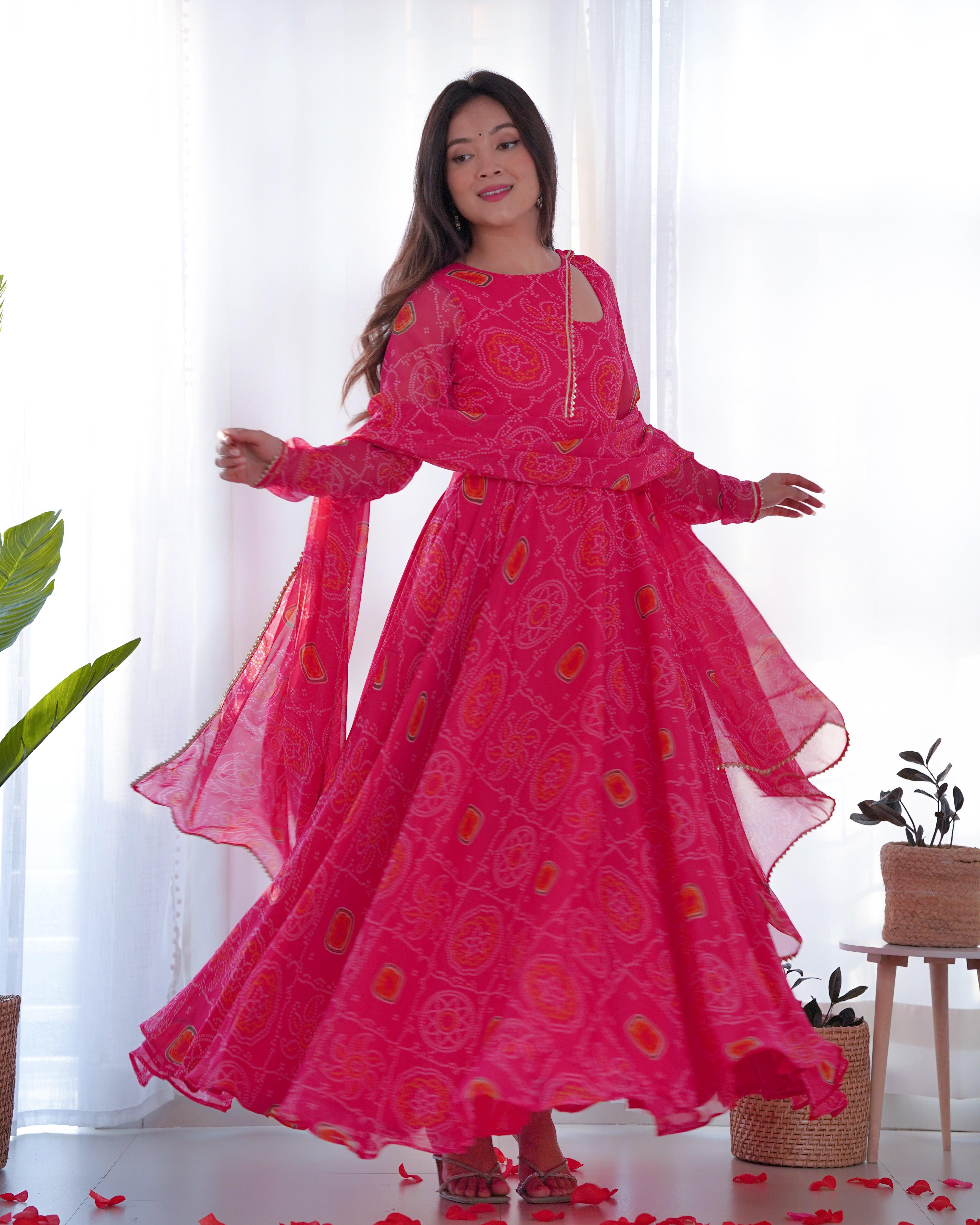 Pink Pure Chiffon Bandhej Printed Gown With Dupatta Buy Cheap Largest Supplier