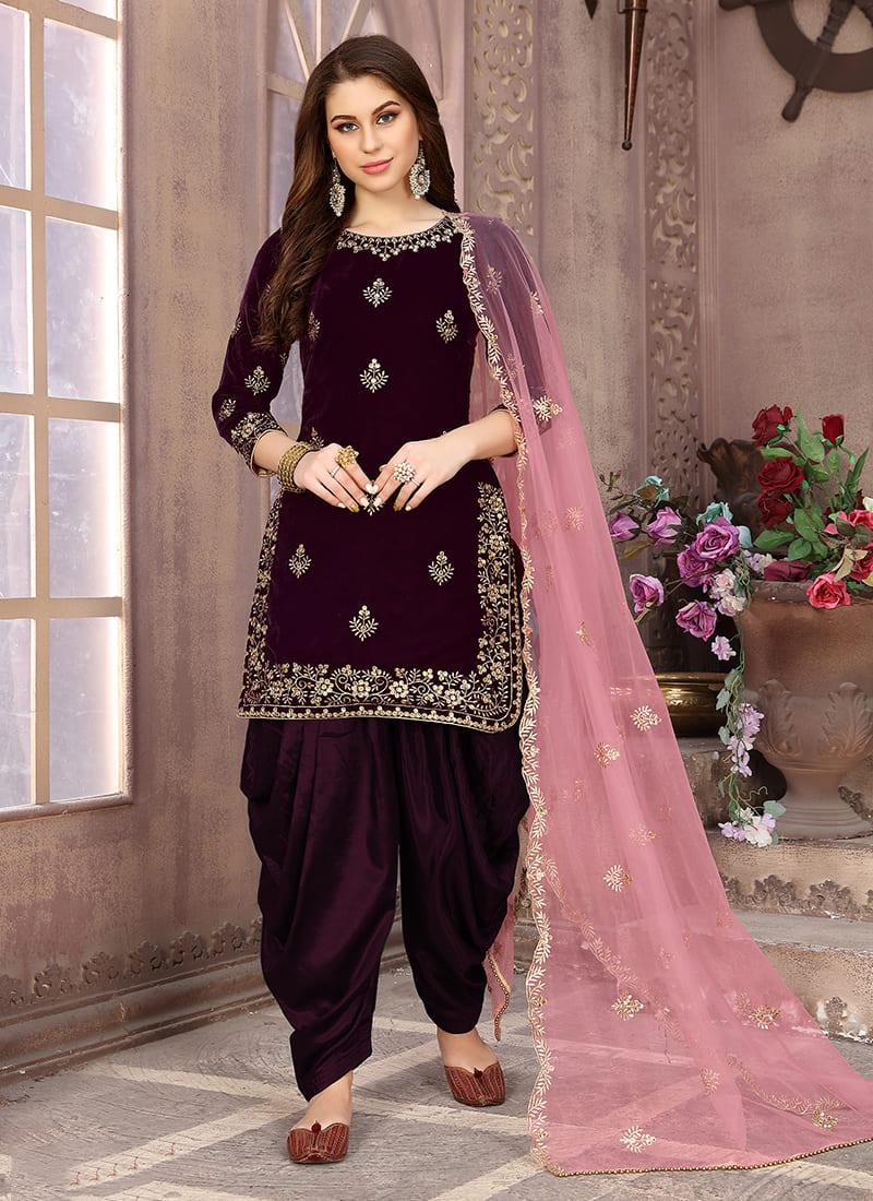 Wine Velvet Embroidered Patiala Suit Buy Cheap Best Store To Get