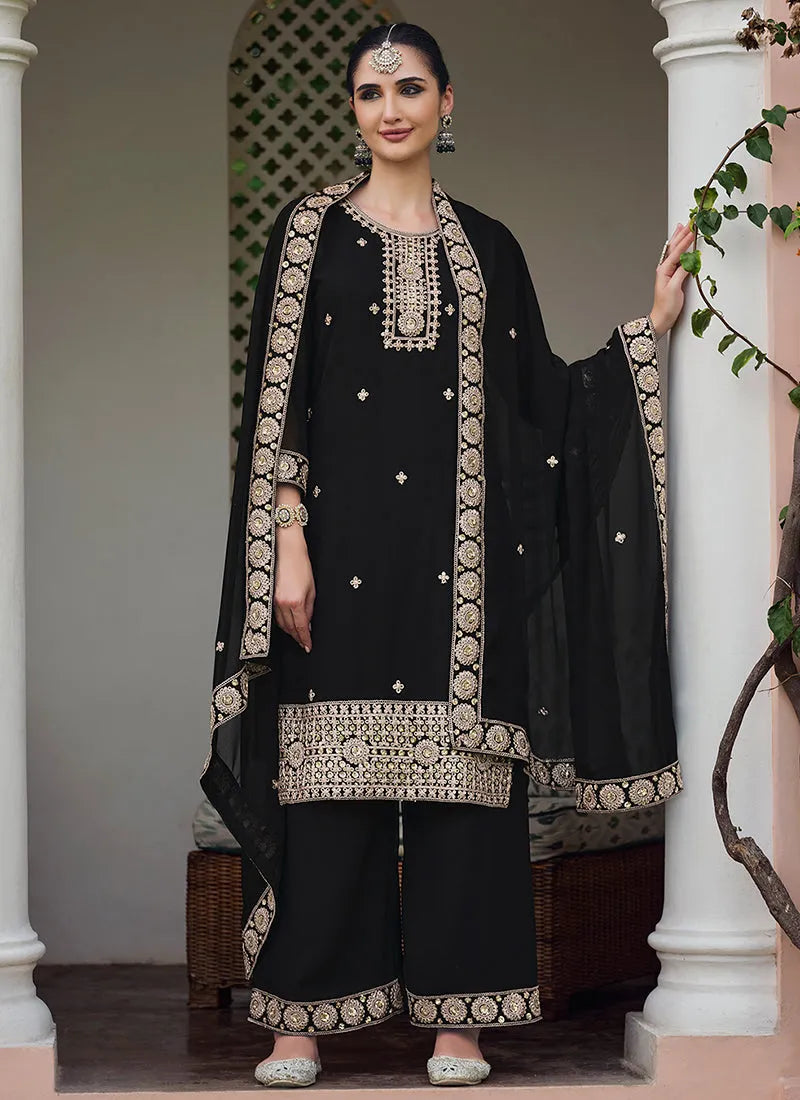 Classic Black Embroidered Georgette Palazzo Suit Cheap Sale Newest