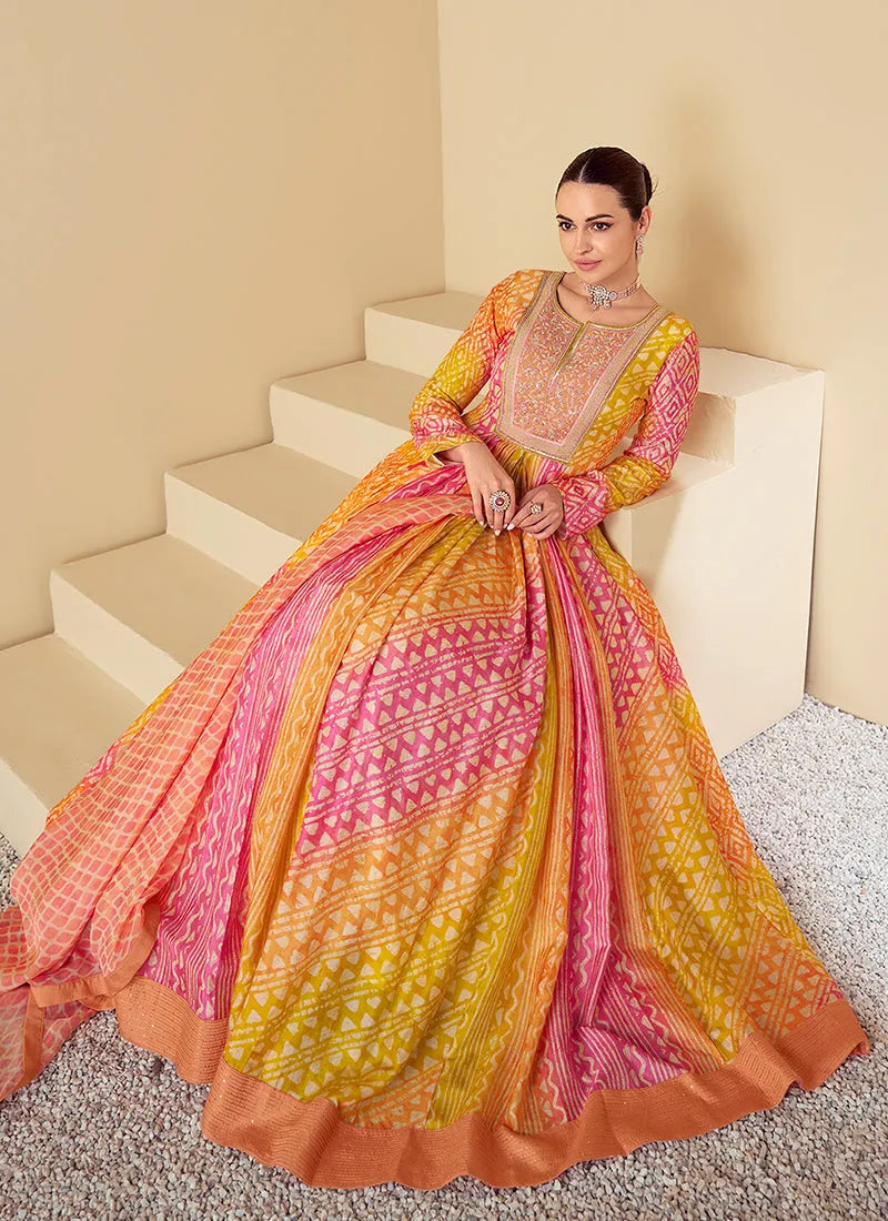 Radiant Yellow and Peach Multi Embroidered Anarkali Gown Top Quality Cheap Pice