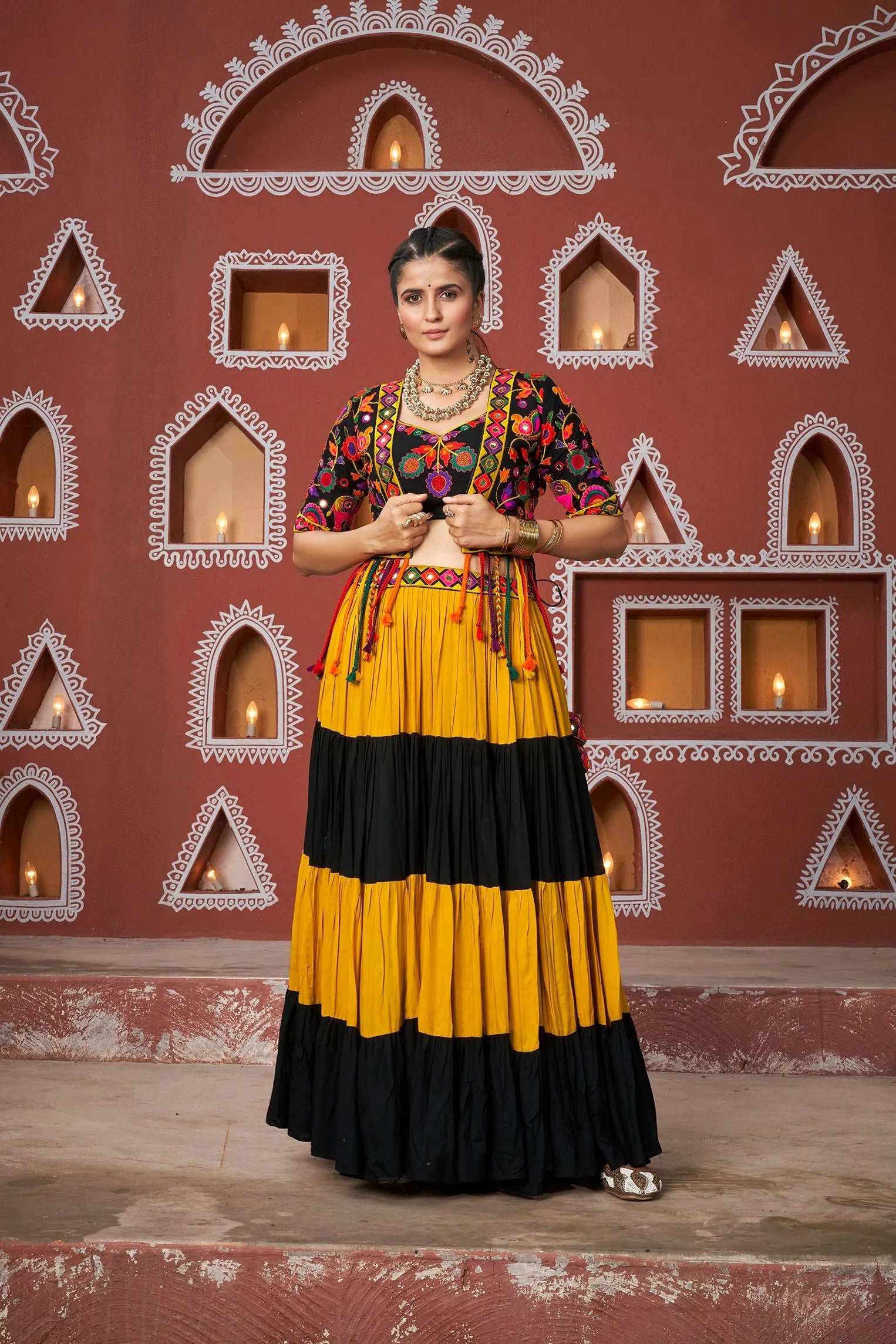 Navratri Wear Multi Colour Embroidered Mirror Worked Jacket Lehenga Set Visit Online