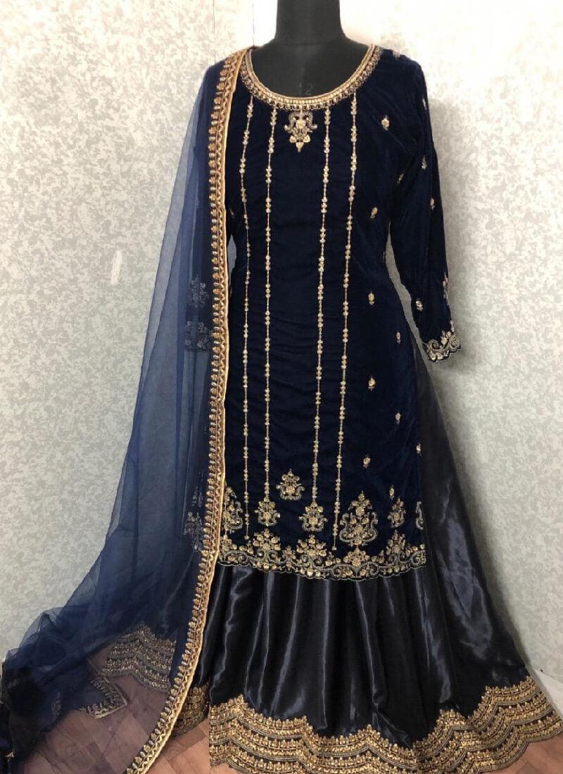 Glamorous Navy Blue Color Velvet Base Embroidered Lehenga Suit Buy Cheap With Credit Card