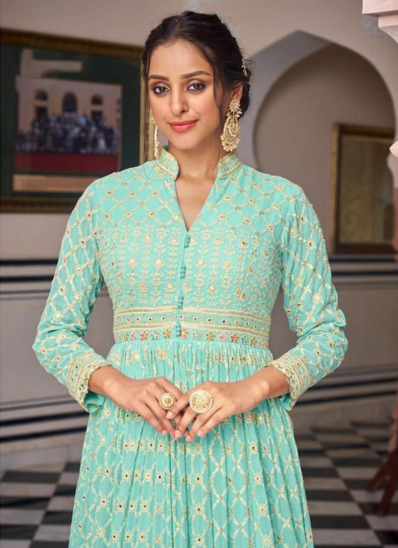 Embroidered Turquoise Georgette Gown 100% Original Sale Online