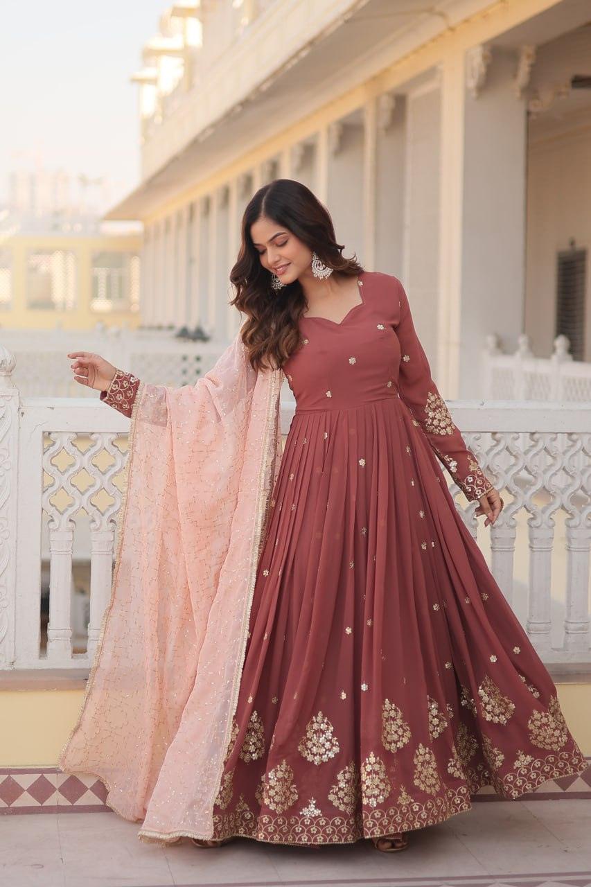 Copper Rust Zari Sequins Thread Worked Gown With Dupatta Cheap Good Selling