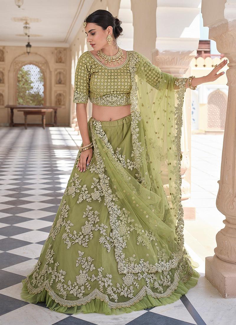 Olive Green Color Soft Net Base Dori And Sequins Work Lehenga Explore Cheap Pice