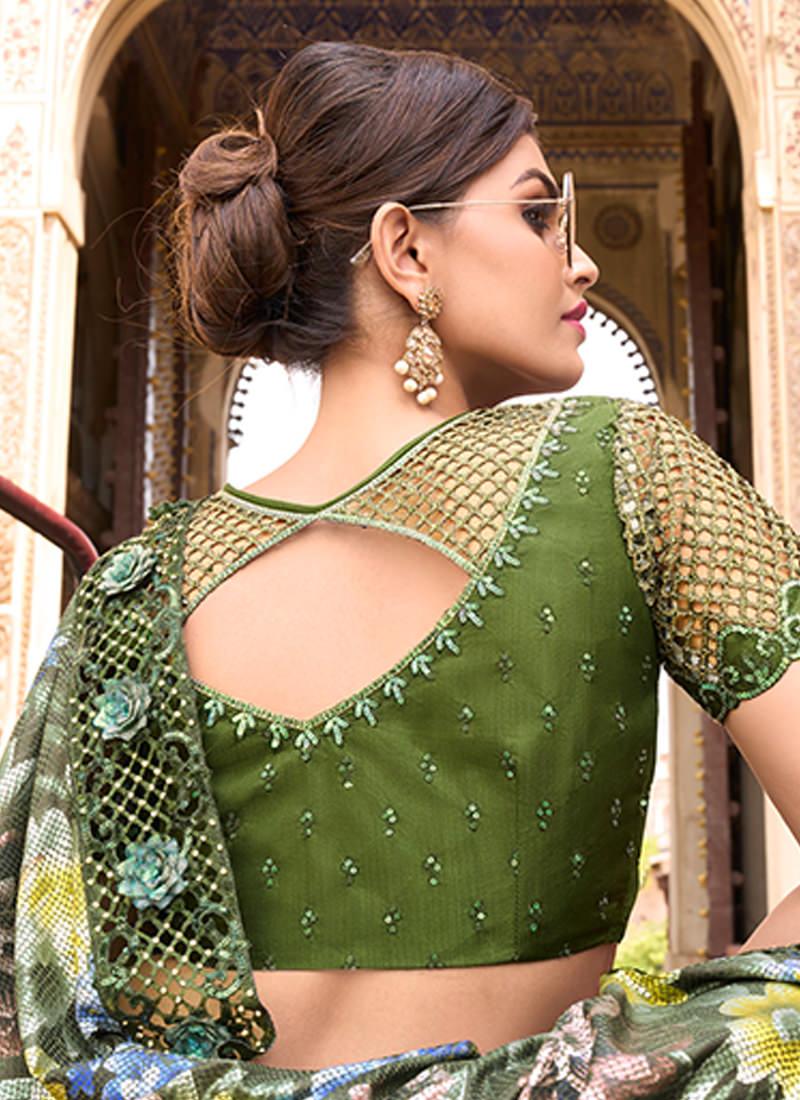 Mirror And Digital Print Embellished Mehendi Green Saree Free Shipping Best Pices