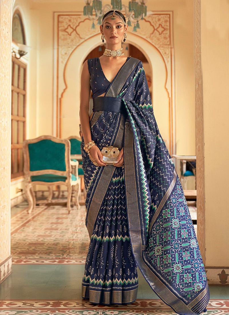 Navy Blue Smooth Silk Base Patola Saree Clearance Deals