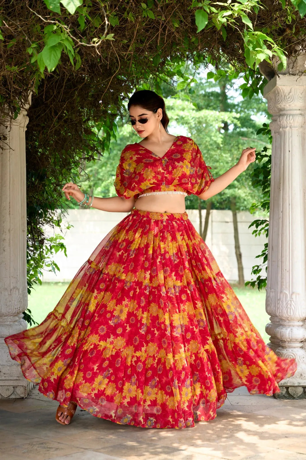 Ravishing Chiffon Red Floral Printed Lehenga Choli Clearance Footaction