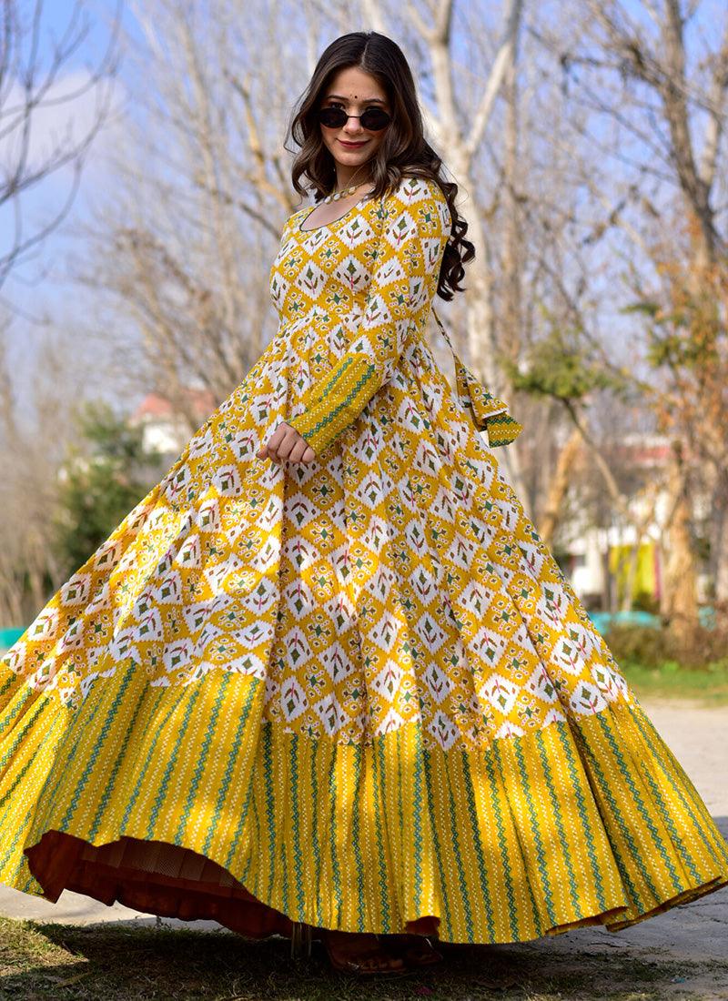 Attractive Yellow Color Muslin Base Digital Printed Gown With Full Sleeves Manchester Great Sale Online