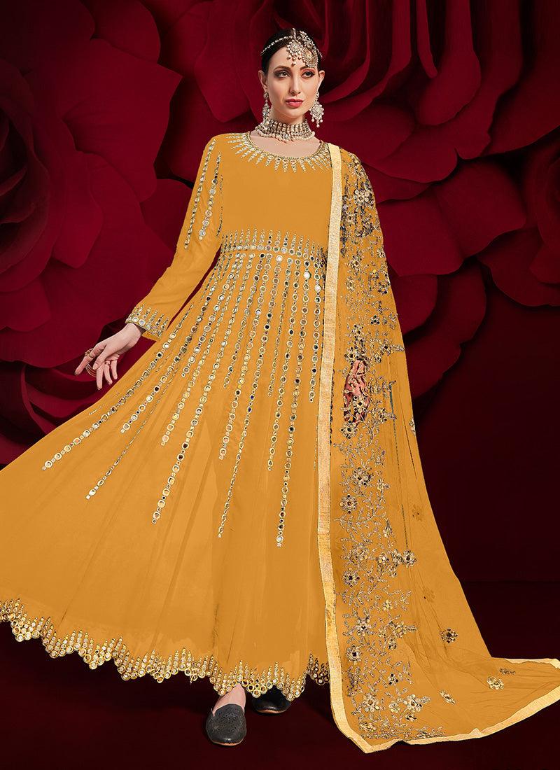 Yellow Color Georgette Material Mirror Work Pakistani Salwar Suit With Credit Card Cheap Online