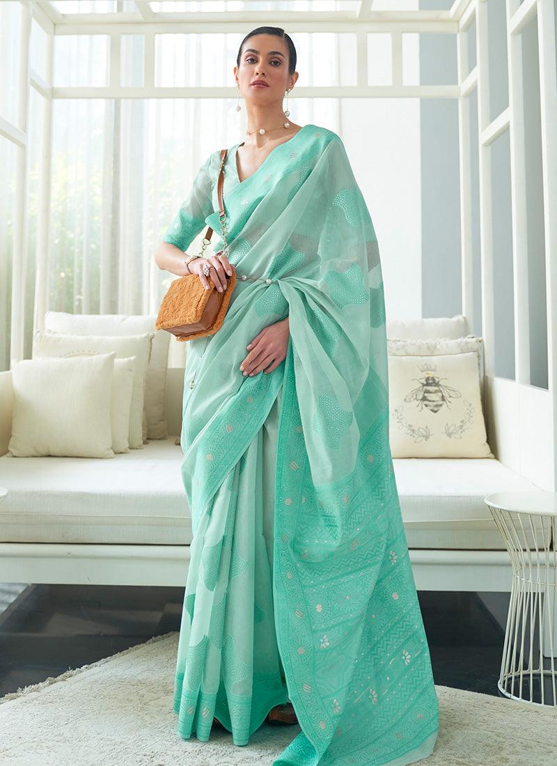 Silk Base Low Cut Neck Turquoise Saree Discounts Sale Online