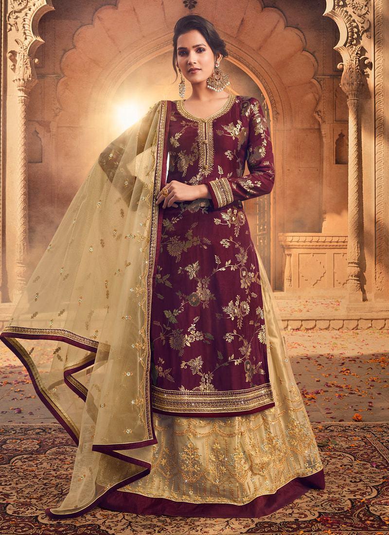 Jacquard Silk Fabric Wine Color Zari Work Long Choli Lehenga Websites For Sale