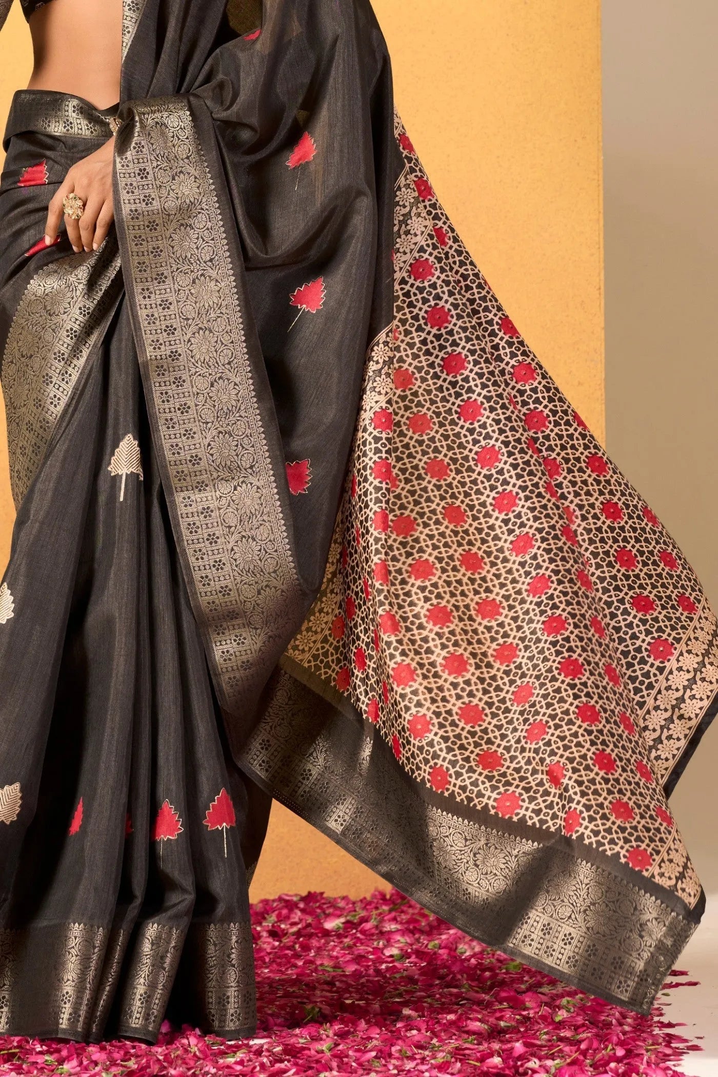 Elegant Black Soft Dola Silk Saree with Intricate Woven Pattern Clearance Geniue Stockist