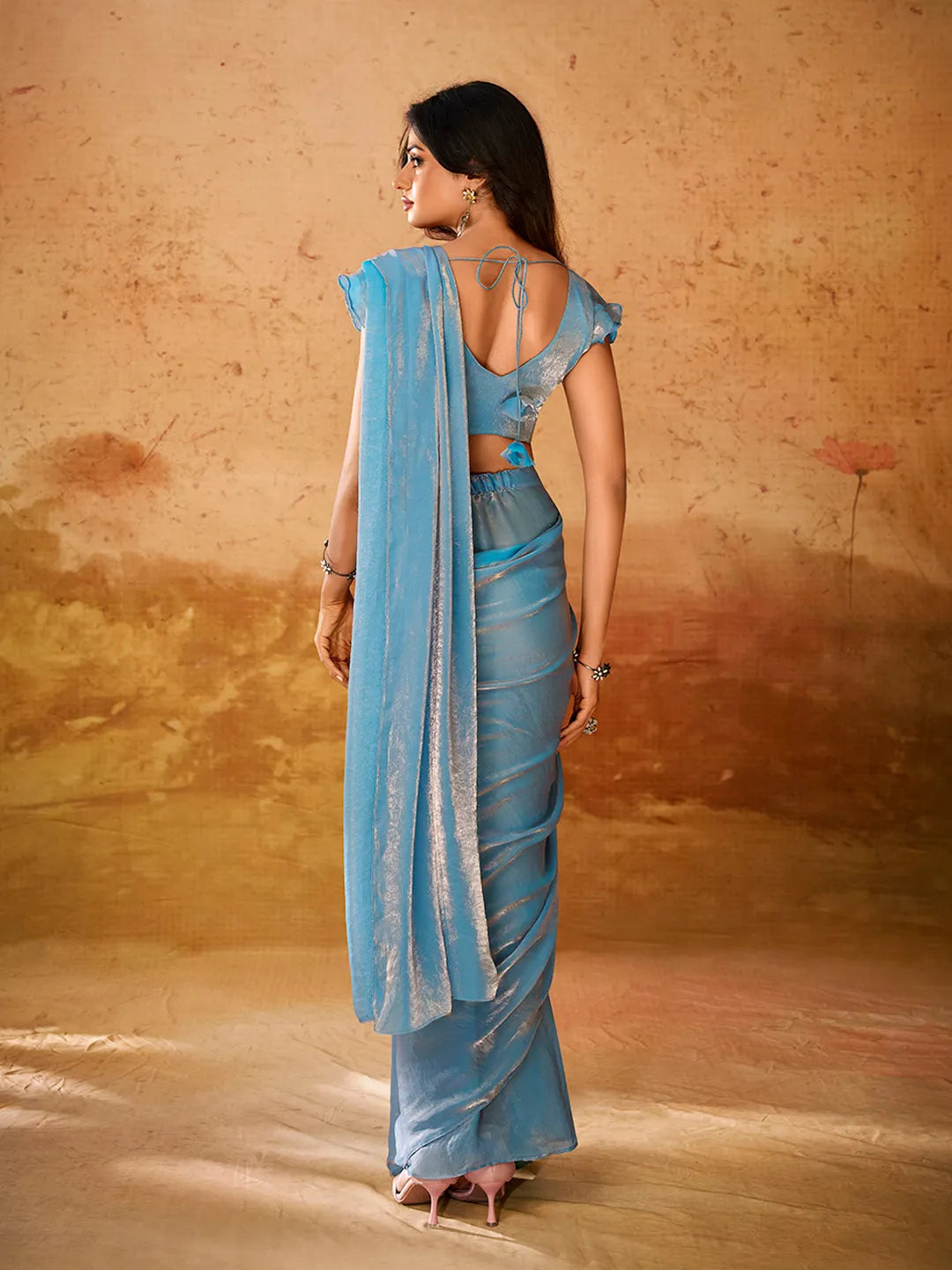 Turquoise Organza Handworked Designer Ready To Wear Saree Store With Big Discount