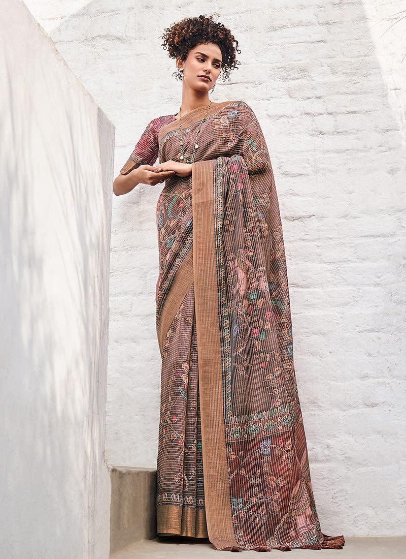 Linen Fabric Brown Printed Floral Saree Sale Best Sale