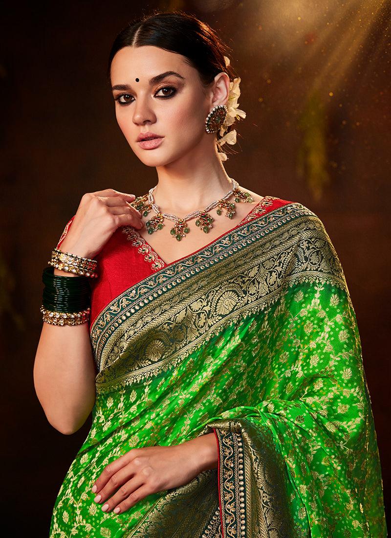 Embroidered Blouse With Light Green Bandhej Saree Free Shipping Shop For