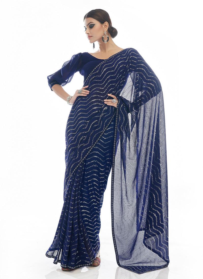 Georgette Base Navy Blue Party Wear Sequin Saree Buy Cheap Best