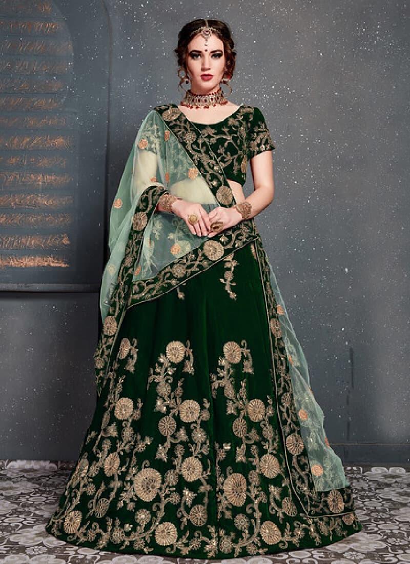 Appealing Dark green Color With Velvet Base Lehenga Choli Best Wholesale