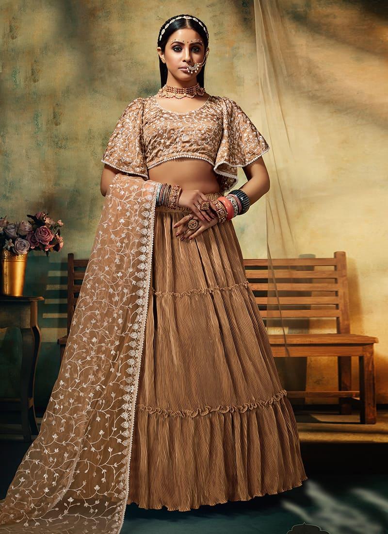 Breathtaking Beige Color Sequins And Resham Work Flared Lehenga Choli Discount Wholesale