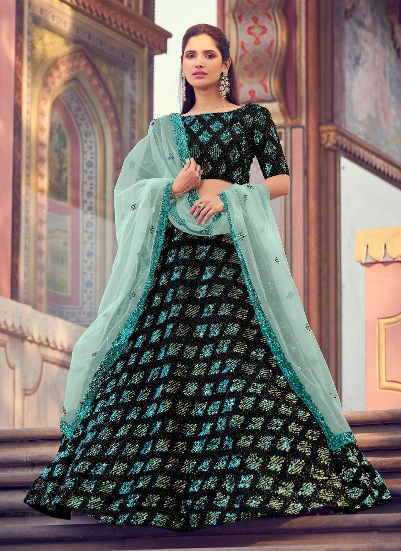 Eye-catching Black Color Lehenga Choli With Turquoise Color Dupatta Set Outlet Locations Sale Online