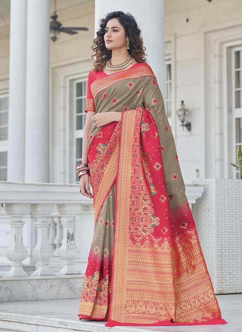 Ethnic Wear Grey Color Banarasi Silk Base Silk Weave Work Saree Cheap Sale Free Shipping