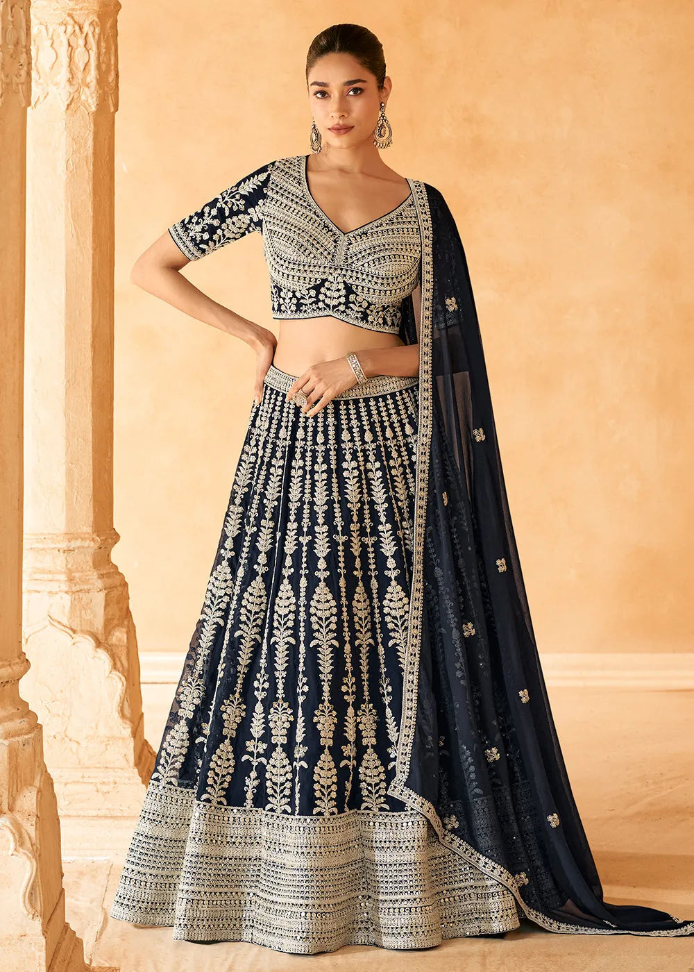 Bridesmaids Designer Navy Blue Embroidered Lehenga Choli Quality Original