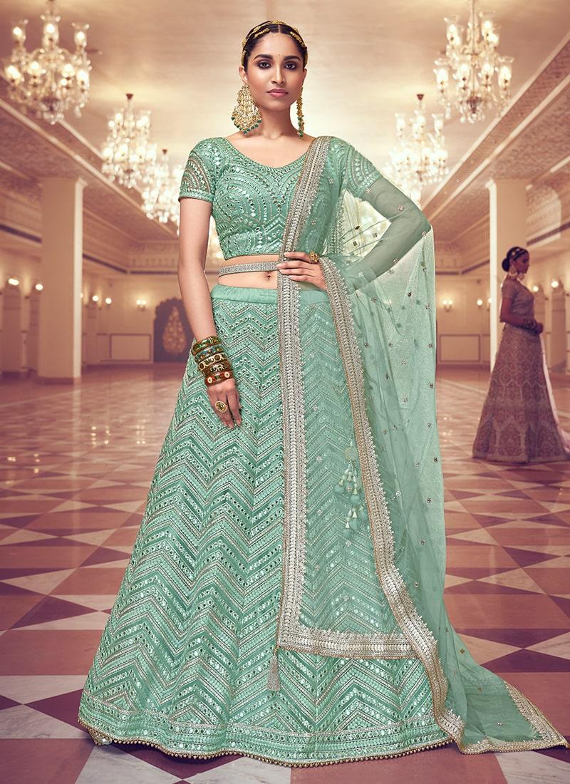 Heavy Zarkan And Mirror Work Sea Green Color Panelled Lehenga Choli 2025 New Cheap Pice