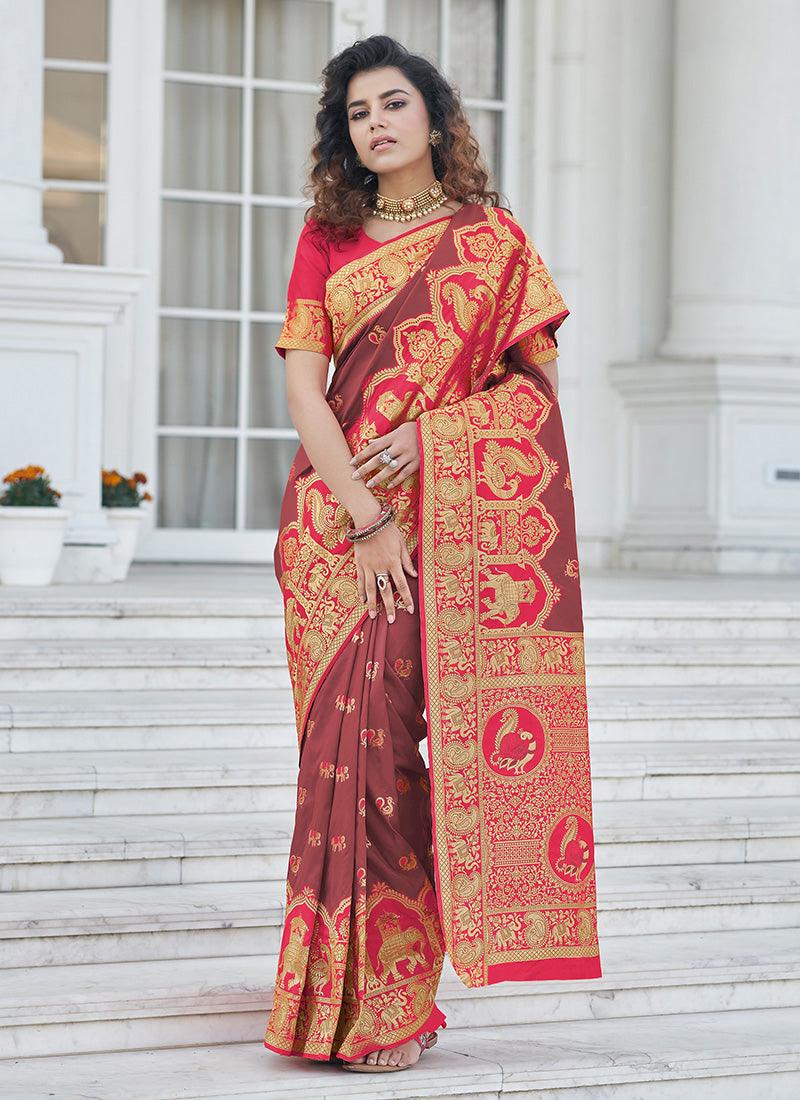 Astounding Brown Color Banarasi Silk Base Silk Weave Work Saree Clearance Manchester