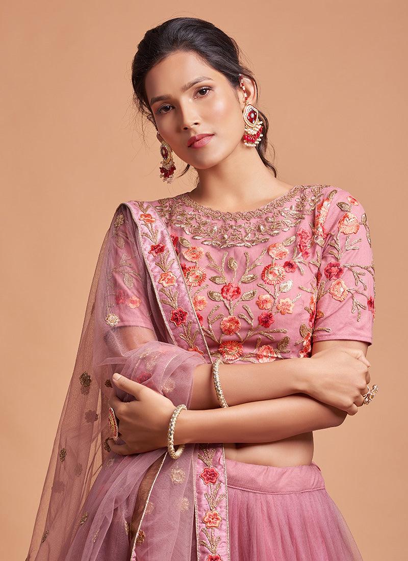 Dusty Pink Soft Net Base Heavy Embroidered Lehenga Choli With Thread Work High Quality Cheap Pice