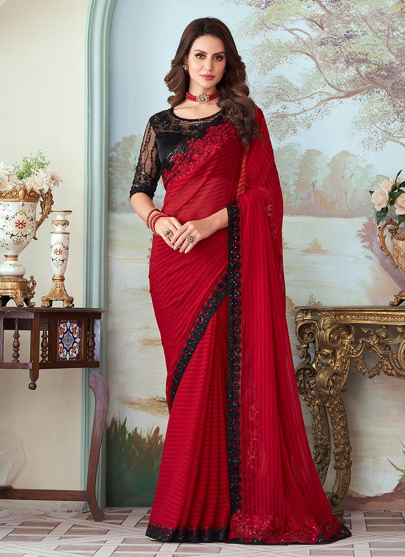 Red Striped Silk Fabric Embroidered Saree Cheap Pictures