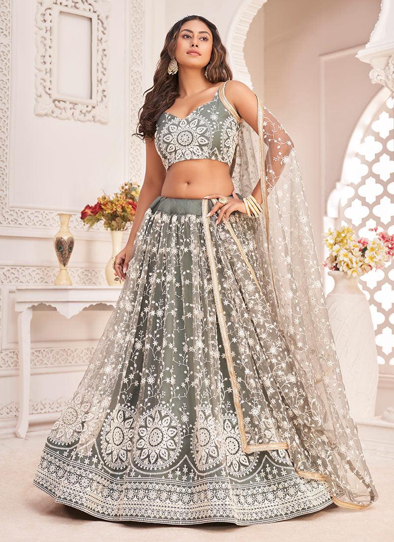 Dusty Green Soft Net Wedding Lehenga Best Place To Buy