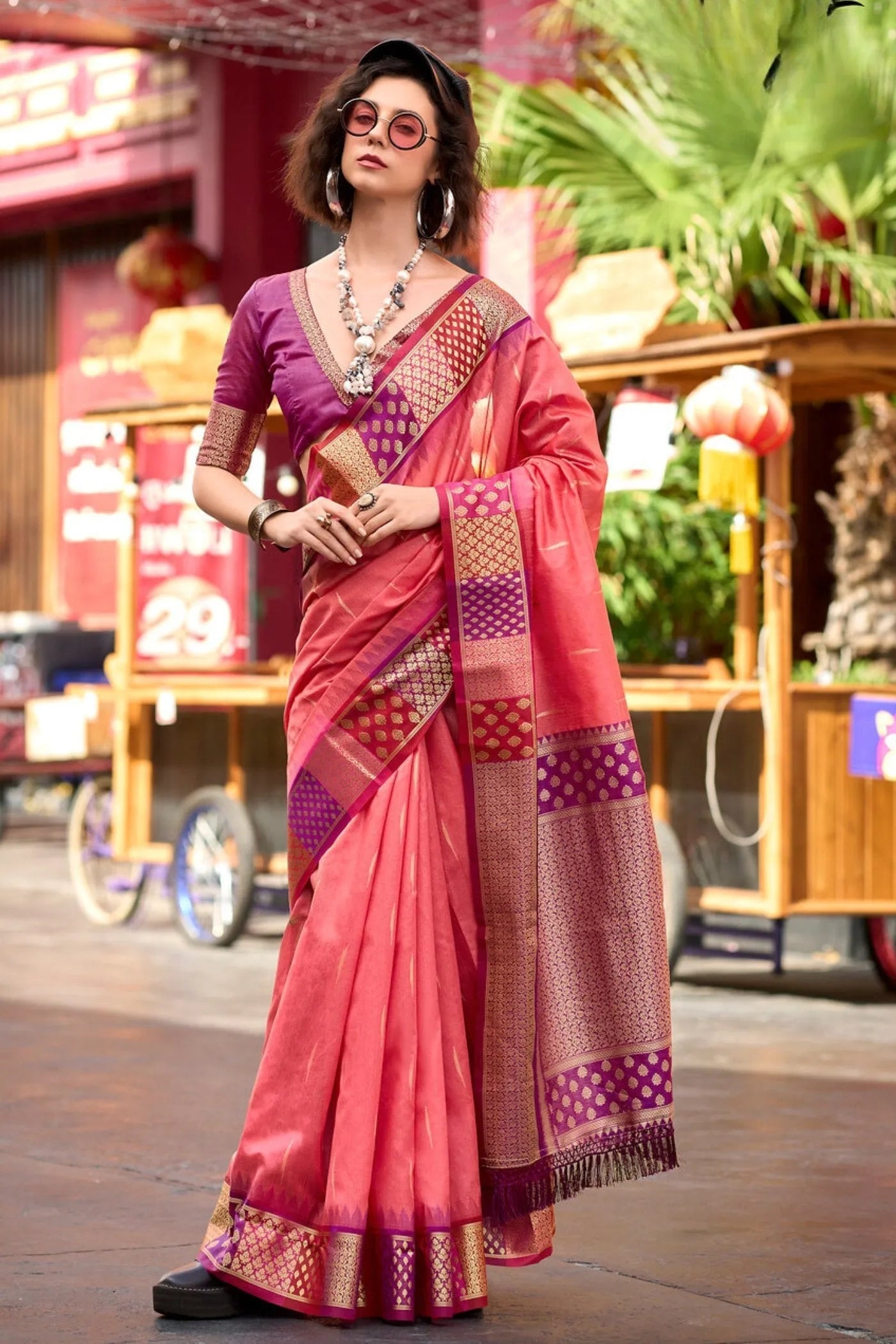 Rose Pearl Peach Woven Banarasi Silk Saree Free Shipping Cost