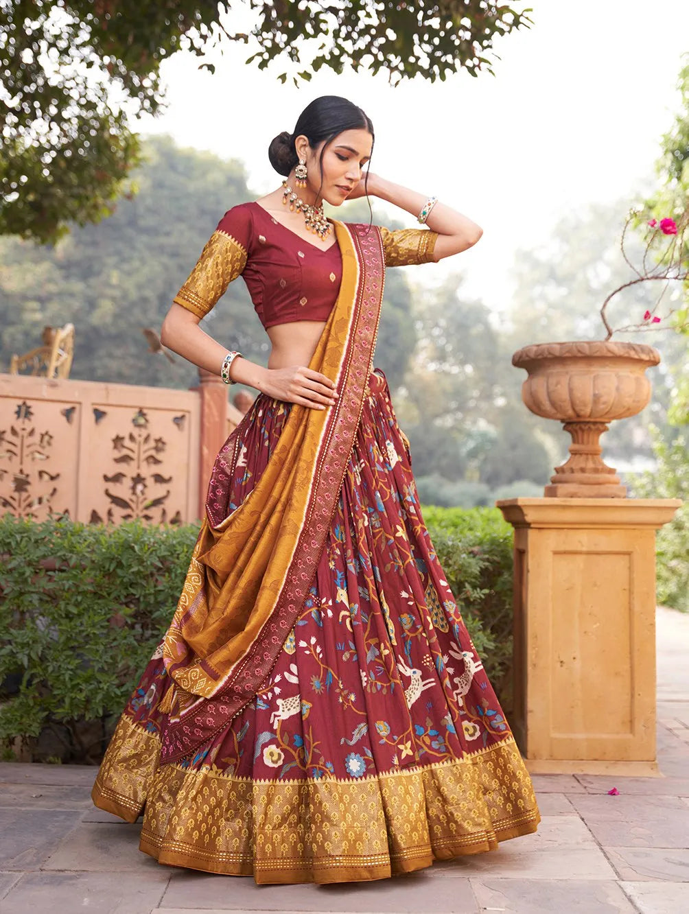 Lovely Maroon Tussar Silk Minakari Printed Lehenga Choli For Sale Free Shipping