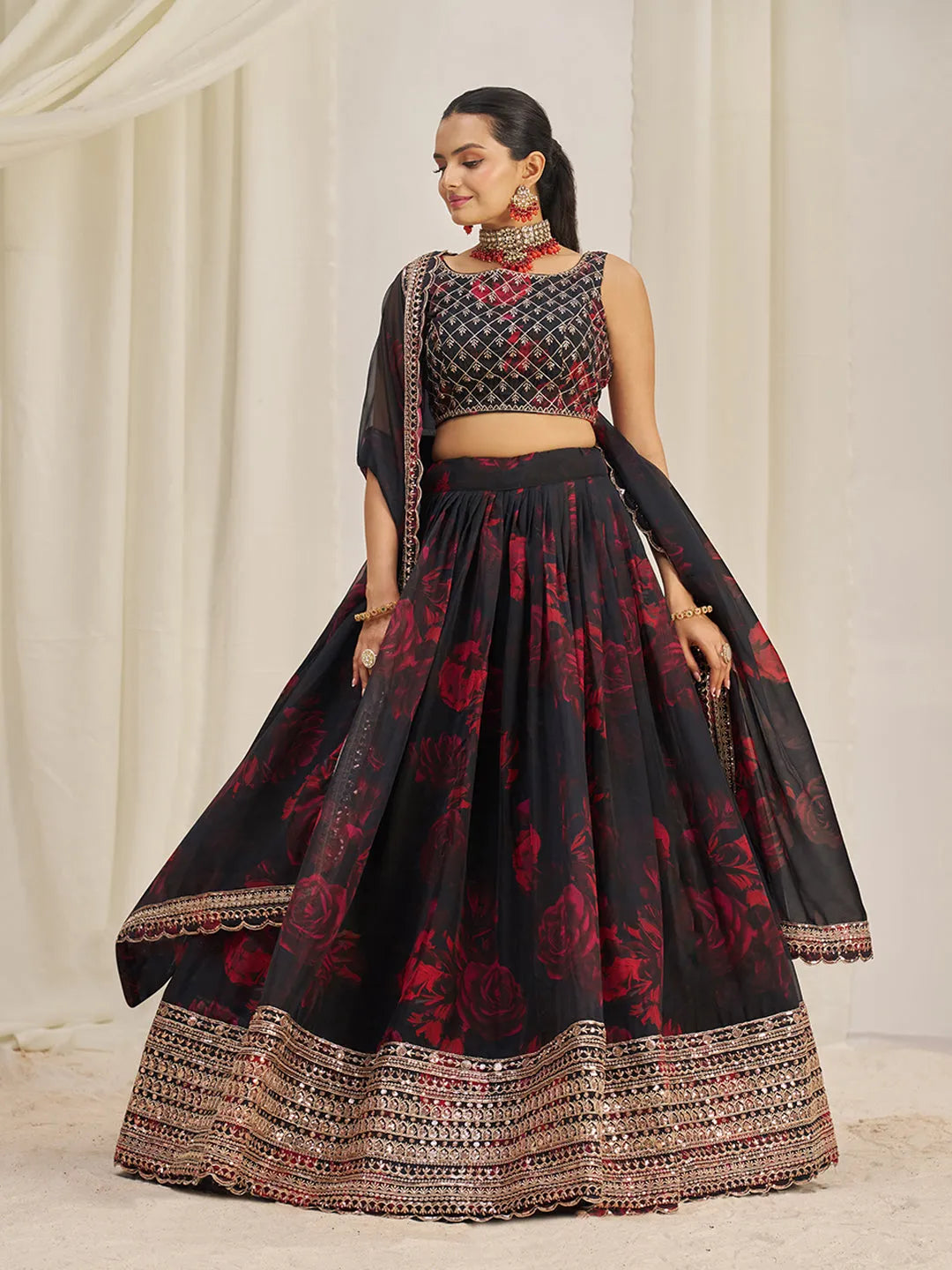 Black Organza Zari Dori Sequins Floral Lehenga Choli Set Grey Outlet Store Online