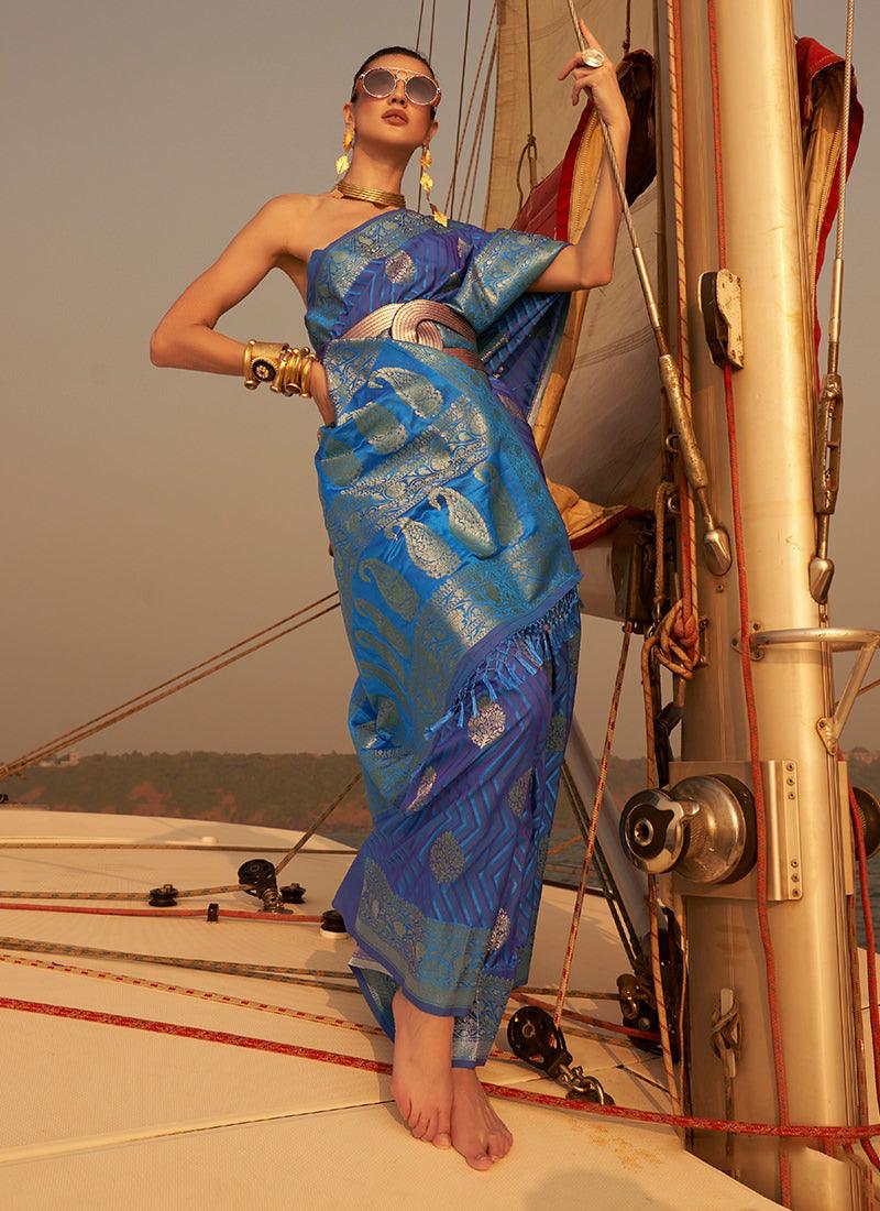 Two Tone Weaving Blue Pure Satin Saree Online Online High Quality