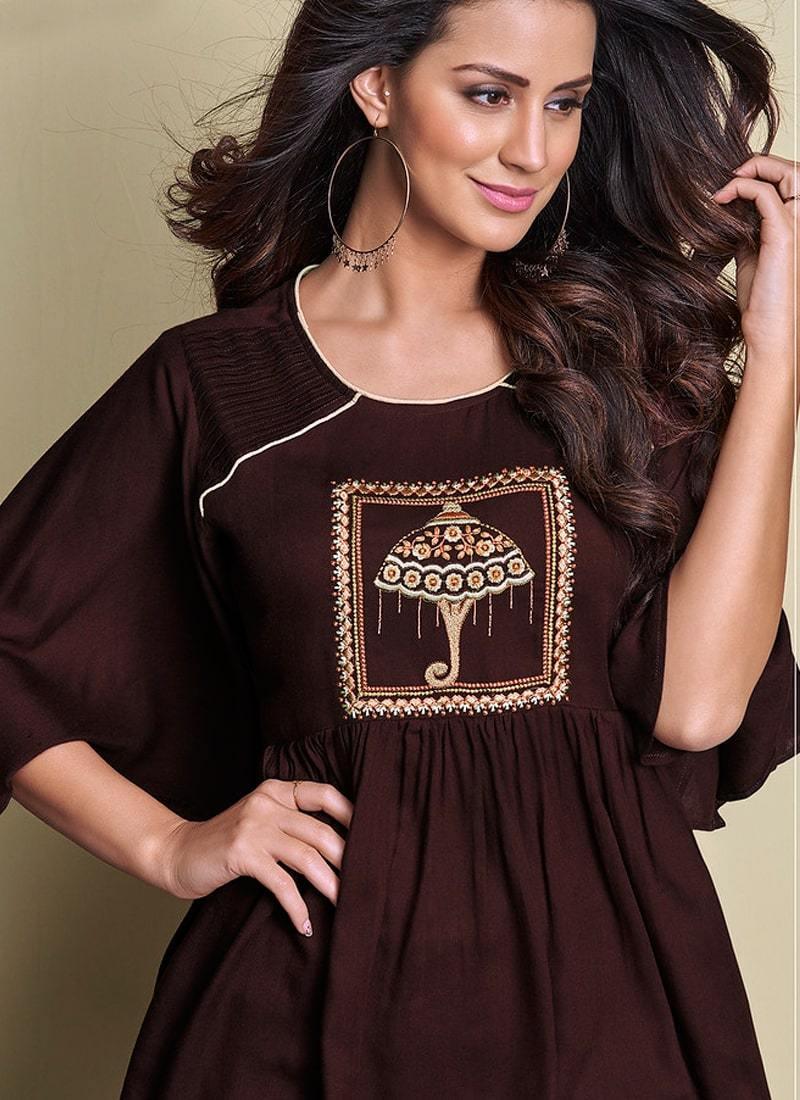 Dashing Cotton Base Brown Color Bell Sleeves Short Kurti Buy Cheap Outlet Locations