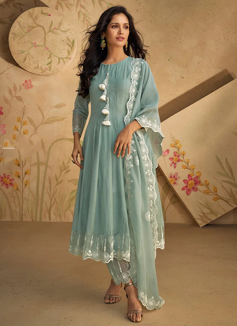 Pastel Blue Pure Silk Embroidered Designer Anarkali Pant Suit Discounts Sale Online