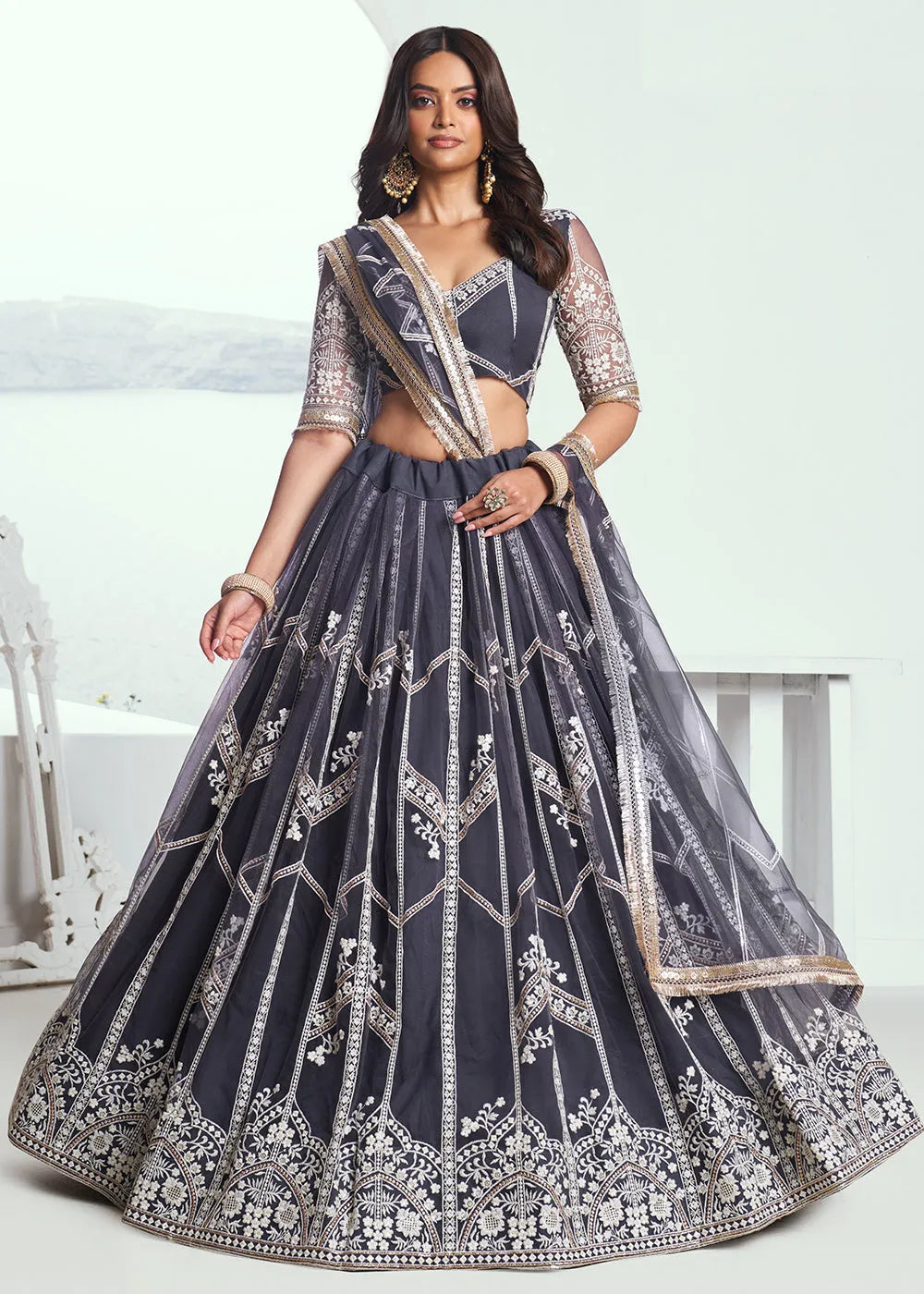 Heartwarming Dark Grey Embroidered Wedding  Lehenga Choli Excellent Sale Online