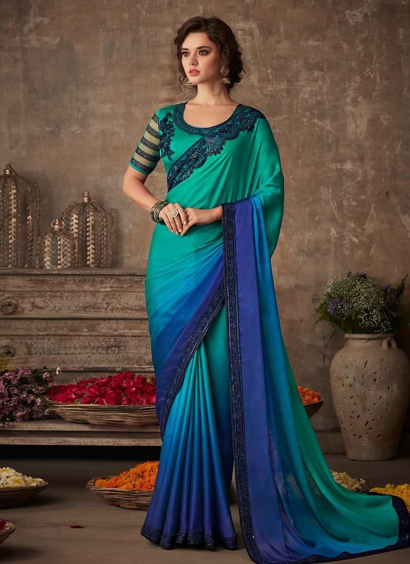 Dazzling Look Turquoise Color Double Shaded Saree With Designer Blouse Discount Release Dates